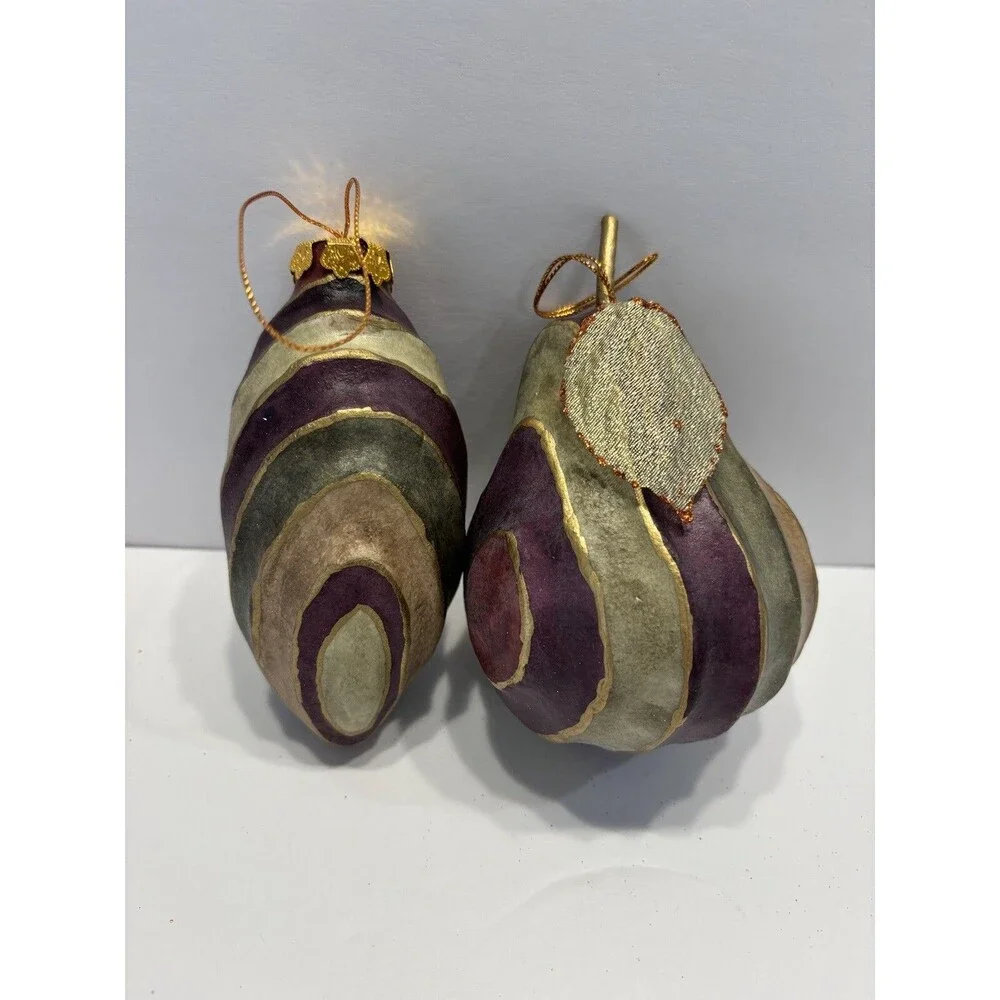 VTG. Christmas Ornaments Paper Mache Hand Painted Retro 80's Pear Gold Leaf